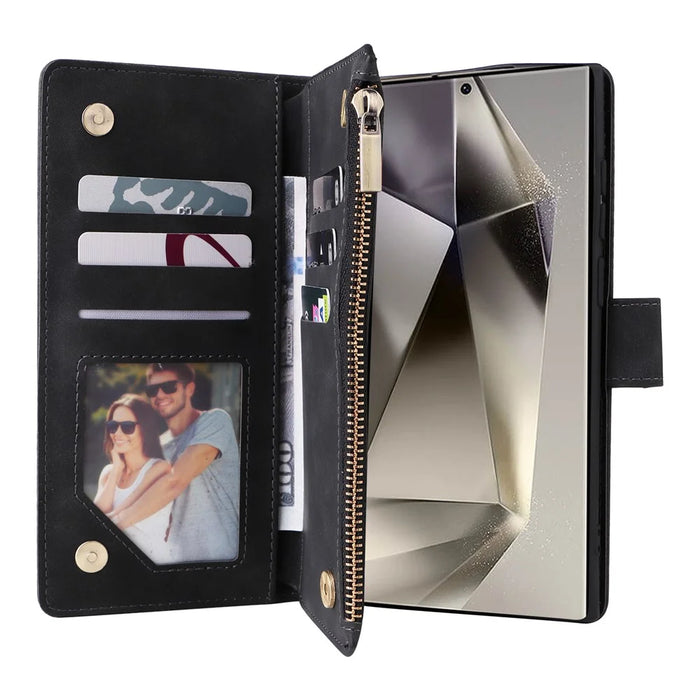 For Samsung Galaxy S25 Ultra Case Zipper Wallet Multiple Card Slots Leather Phone Cover - Black - 3