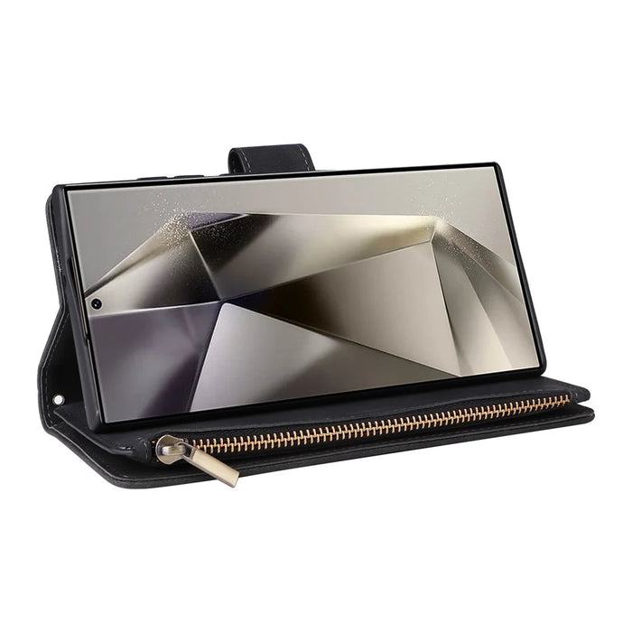 For Samsung Galaxy S25 Ultra Case Zipper Wallet Multiple Card Slots Leather Phone Cover - Black - 5