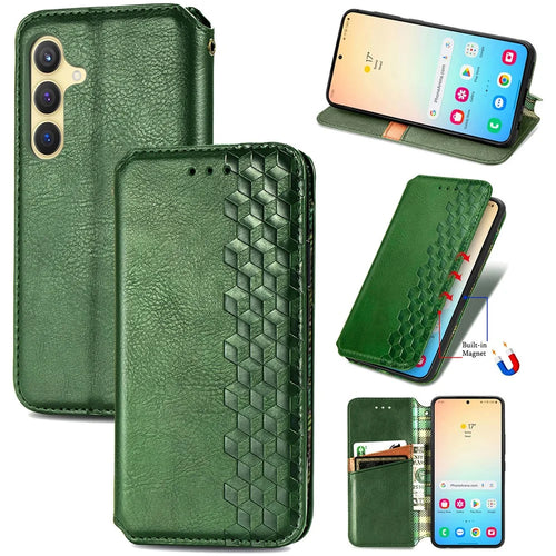 For Samsung Galaxy S25+ PU Leather Case Rhombus Imprint Wallet Stand Phone Cover - Green - 1