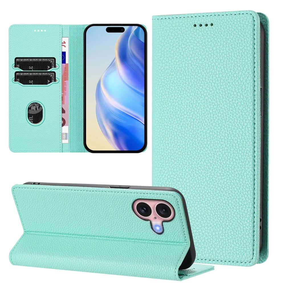 For iPhone 16 Wallet Case RFID Blocking Litchi Texture Leather Mobile Cover - Mint Green - 4