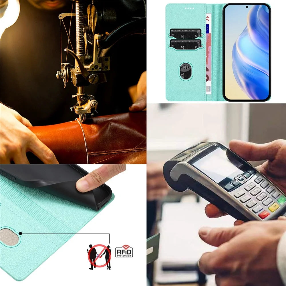 For iPhone 16 Wallet Case RFID Blocking Litchi Texture Leather Mobile Cover - Mint Green - 7