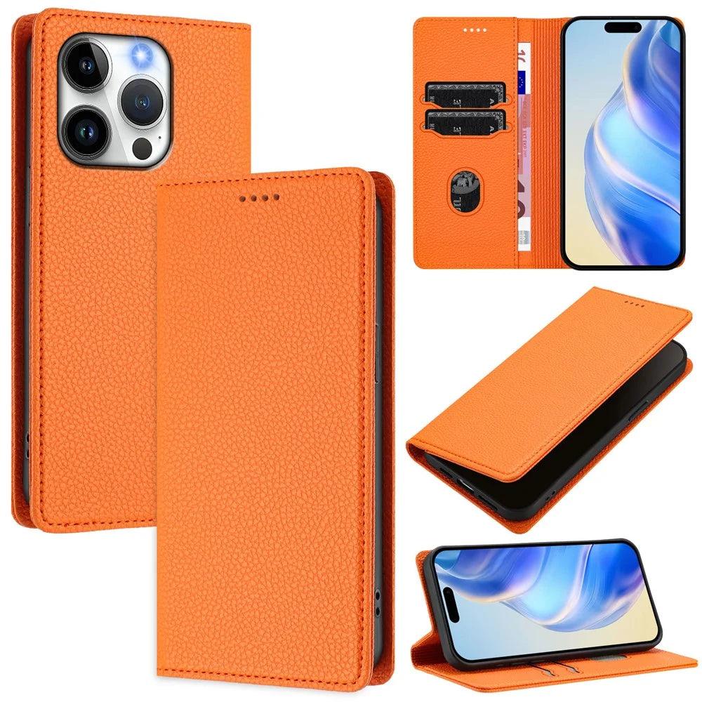 For iPhone 15 Pro Wallet Case RFID Blocking Litchi Texture Leather Mobile Cover - Orange - 1