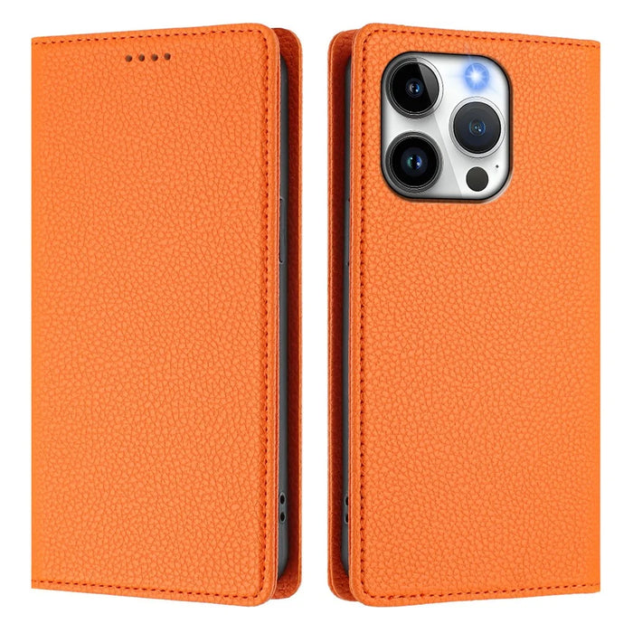 For iPhone 15 Pro Wallet Case RFID Blocking Litchi Texture Leather Mobile Cover - Orange - 3