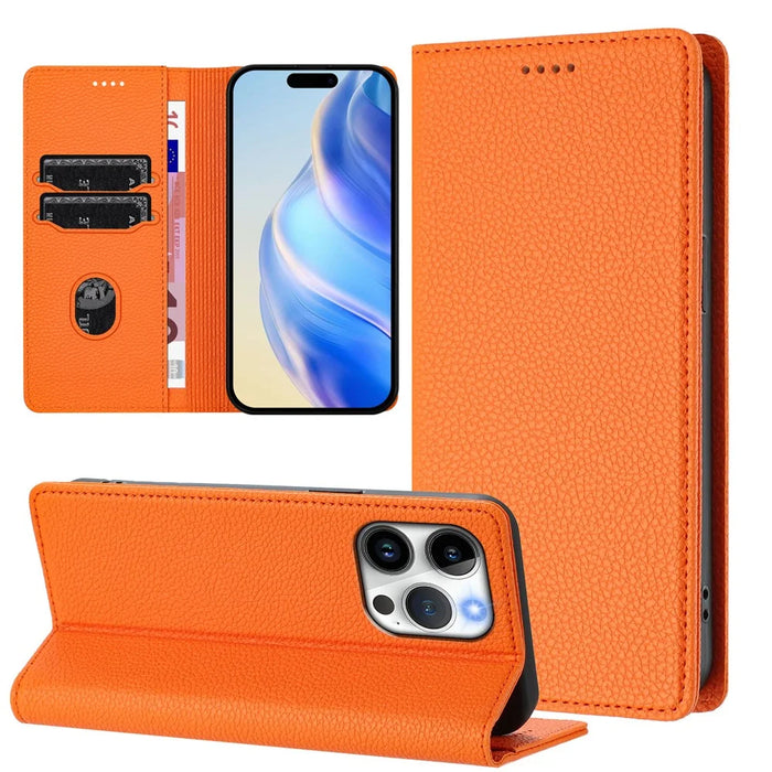 For iPhone 15 Pro Wallet Case RFID Blocking Litchi Texture Leather Mobile Cover - Orange - 4