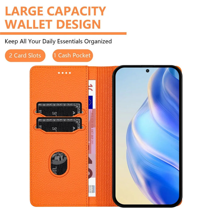 For iPhone 15 Pro Wallet Case RFID Blocking Litchi Texture Leather Mobile Cover - Orange - 5