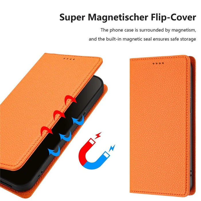 For iPhone 15 Pro Wallet Case RFID Blocking Litchi Texture Leather Mobile Cover - Orange - 6