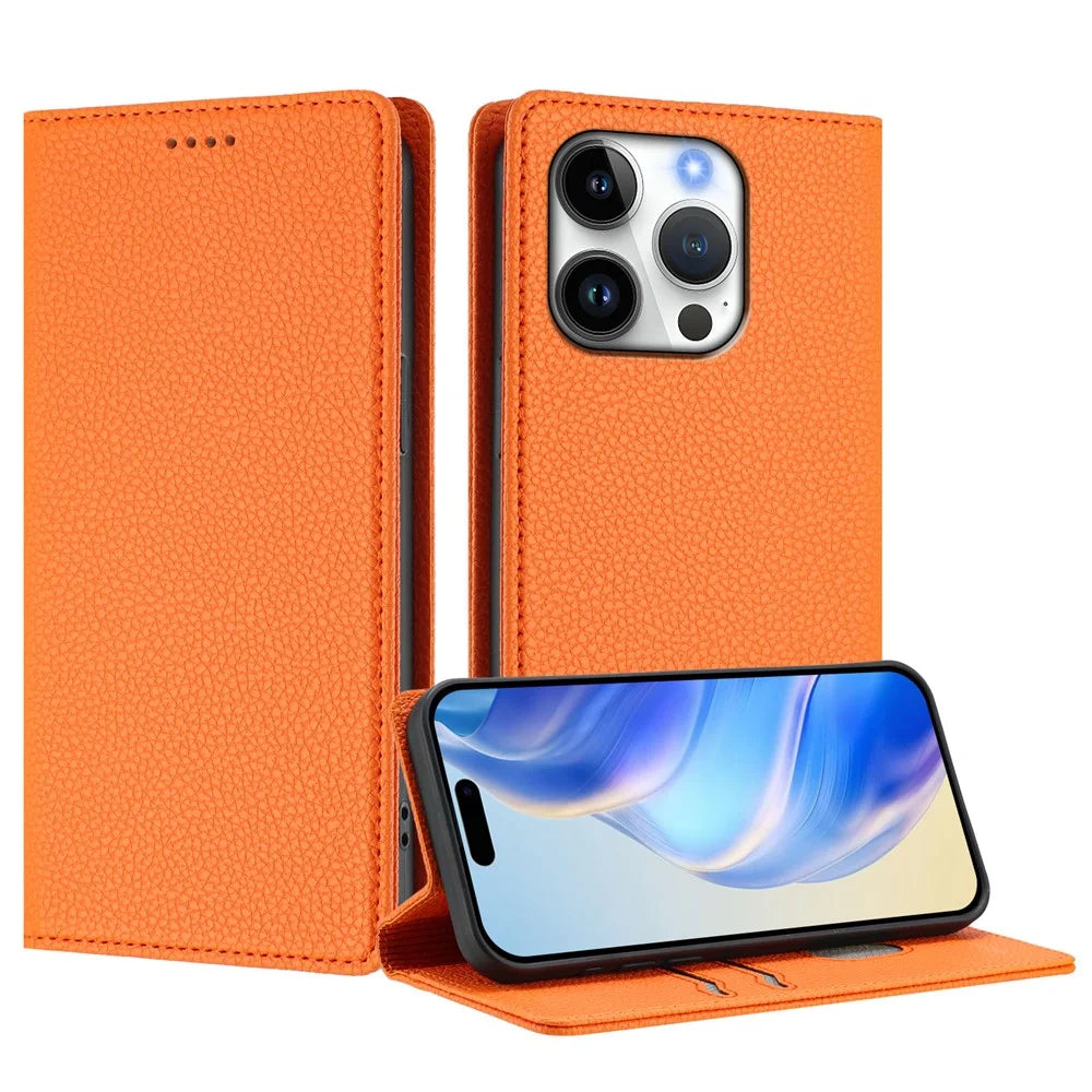 For iPhone 16 Pro Wallet Case RFID Blocking Litchi Texture Leather Mobile Cover - Orange - 2