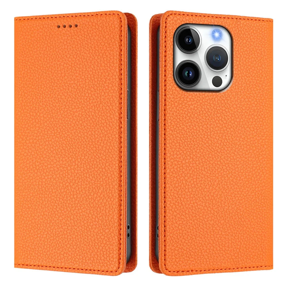 For iPhone 16 Pro Wallet Case RFID Blocking Litchi Texture Leather Mobile Cover - Orange - 3