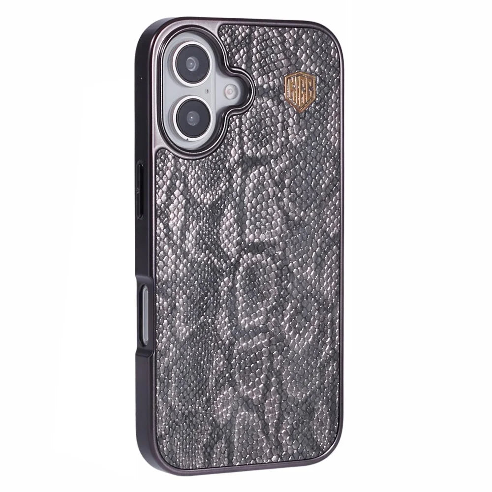 KIGC For iPhone 16 Case Compatible with MagSafe Snake Texture Leather+PC+TPU Back Cover - Grey - 1