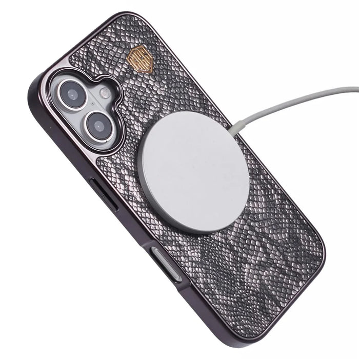 KIGC For iPhone 16 Case Compatible with MagSafe Snake Texture Leather+PC+TPU Back Cover - Grey - 4