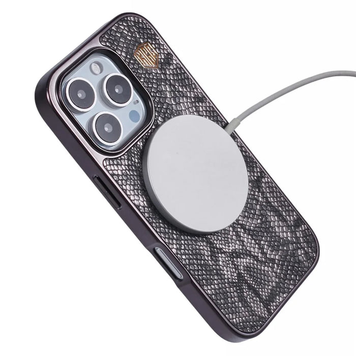 KIGC For iPhone 16 Pro Case Compatible with MagSafe Snake Texture Leather+PC+TPU Back Cover - Grey - 4