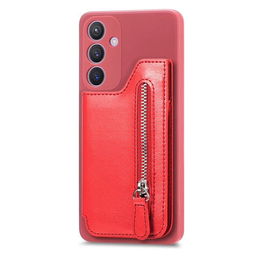 For Samsung Galaxy S25 Case PU Leather+TPU Phone Cover with Zipper Pocket Wallet - Red - 1