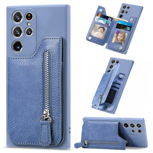 For Samsung Galaxy S25 Ultra Case PU Leather+TPU Phone Cover with Zipper Pocket Wallet - Blue - 1