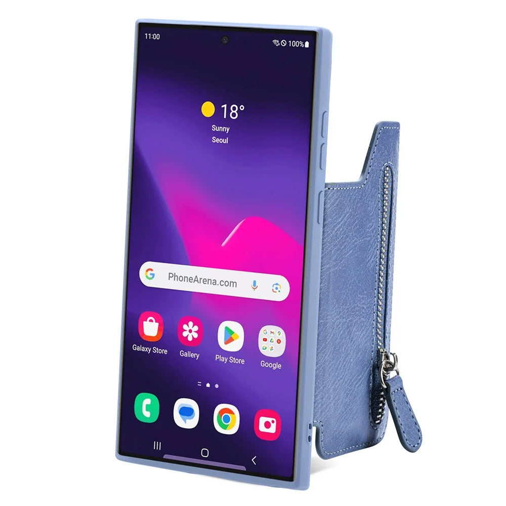For Samsung Galaxy S25 Ultra Case PU Leather+TPU Phone Cover with Zipper Pocket Wallet - Blue - 4