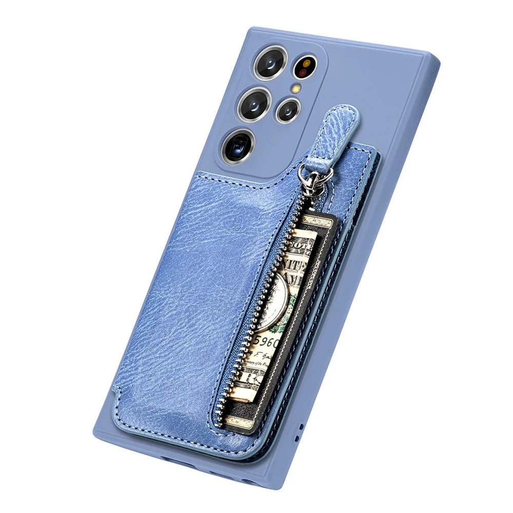 For Samsung Galaxy S25 Ultra Case PU Leather+TPU Phone Cover with Zipper Pocket Wallet - Blue - 5