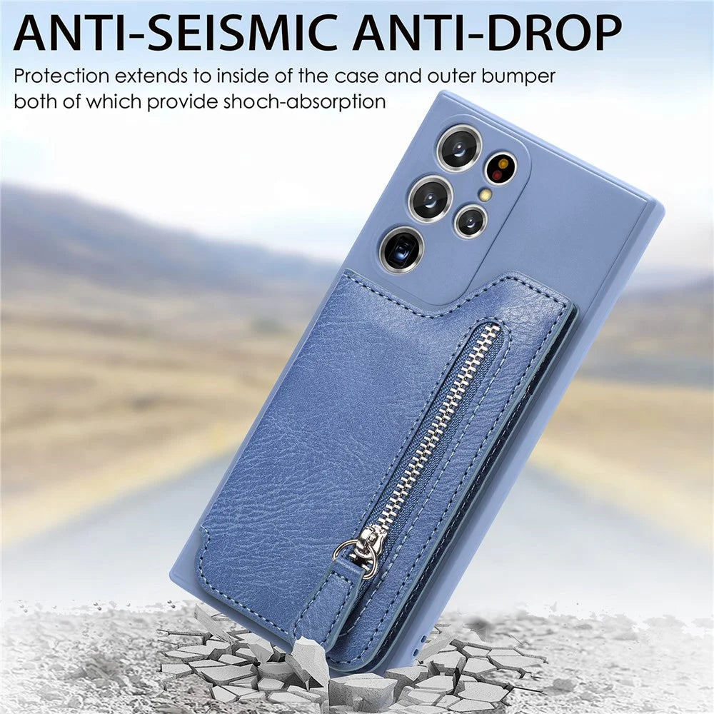 For Samsung Galaxy S25 Ultra Case PU Leather+TPU Phone Cover with Zipper Pocket Wallet - Blue - 6