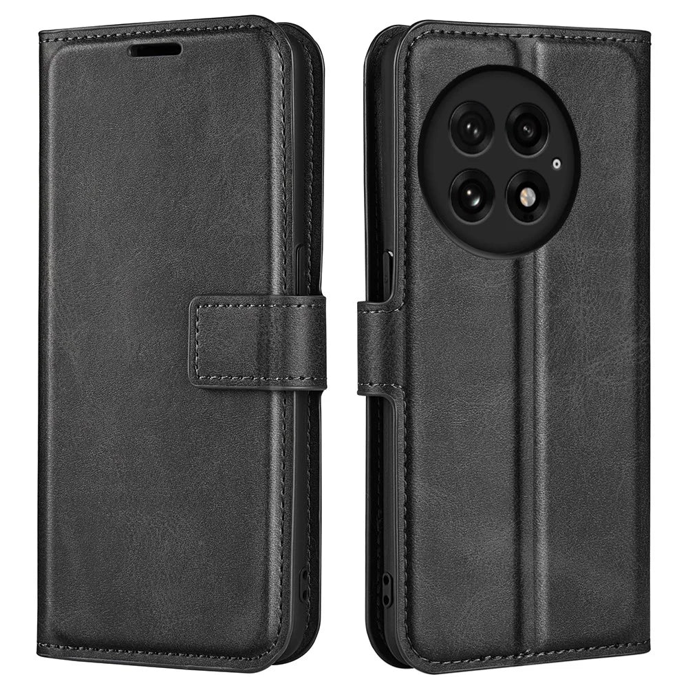 For OnePlus 13 Stand Case Anti-Scratch Calf Texture Leather Phone Cover - Black - 1