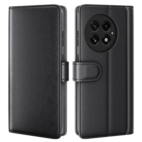 For OnePlus 13 Case Genuine Split Leather Phone Cover with Wallet Stand - Black - 1