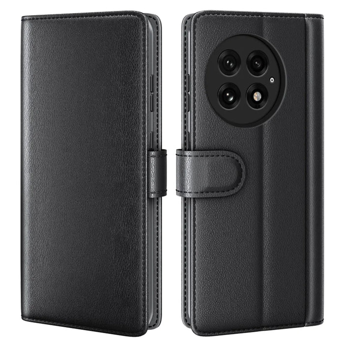 For OnePlus 13 Case Genuine Split Leather Phone Cover with Wallet Stand - Black - 1