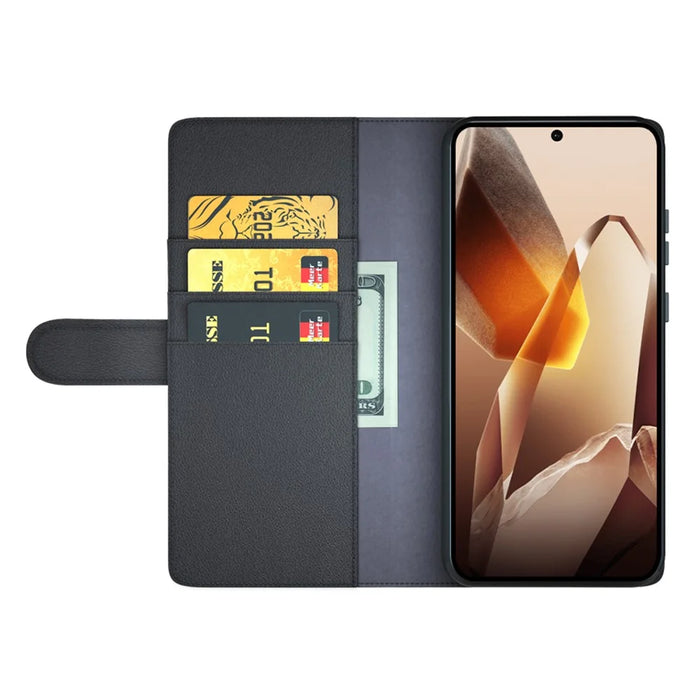For OnePlus 13 Case Genuine Split Leather Phone Cover with Wallet Stand - Black - 2