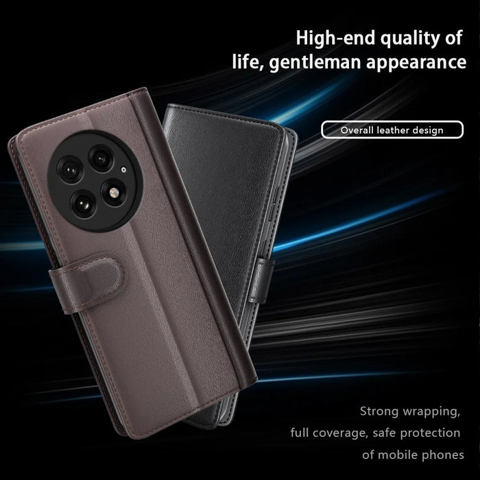 For OnePlus 13 Case Genuine Split Leather Phone Cover with Wallet Stand - Black - 4
