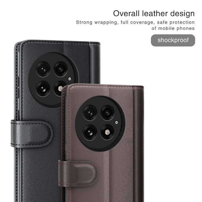 For OnePlus 13 Case Genuine Split Leather Phone Cover with Wallet Stand - Black - 5