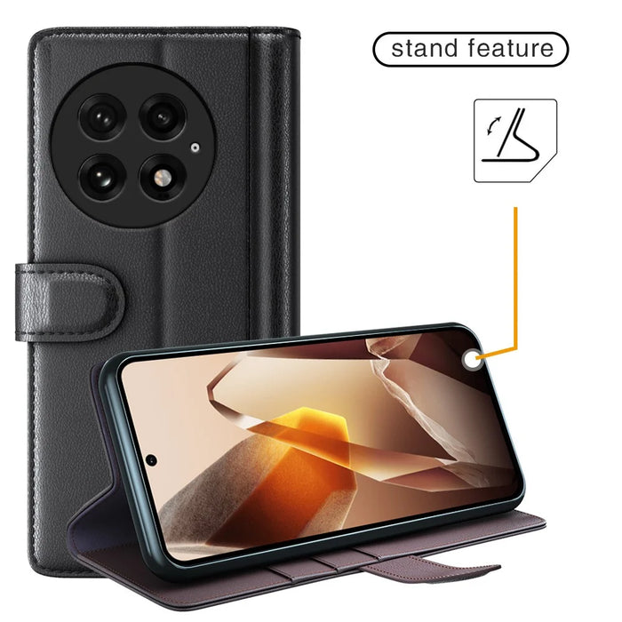 For OnePlus 13 Case Genuine Split Leather Phone Cover with Wallet Stand - Black - 6