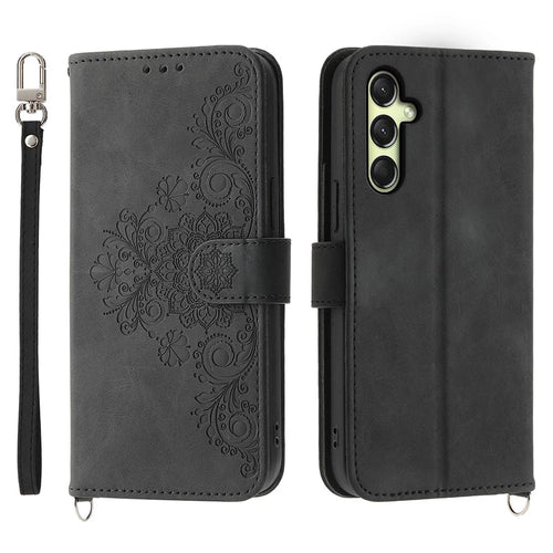 For Samsung Galaxy A26 5G Case Flower Pattern PU Leather Wallet Phone Cover with Strap - Black - 1