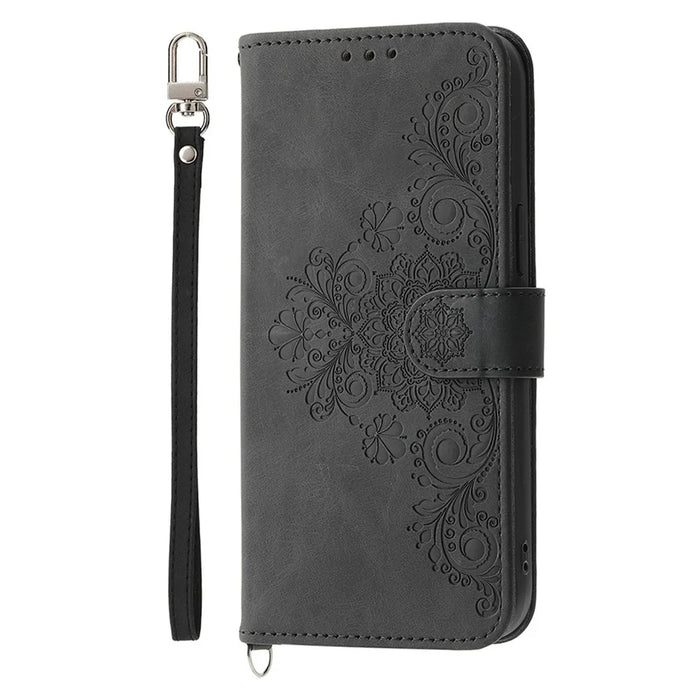 For Samsung Galaxy A26 5G Case Flower Pattern PU Leather Wallet Phone Cover with Strap - Black - 7