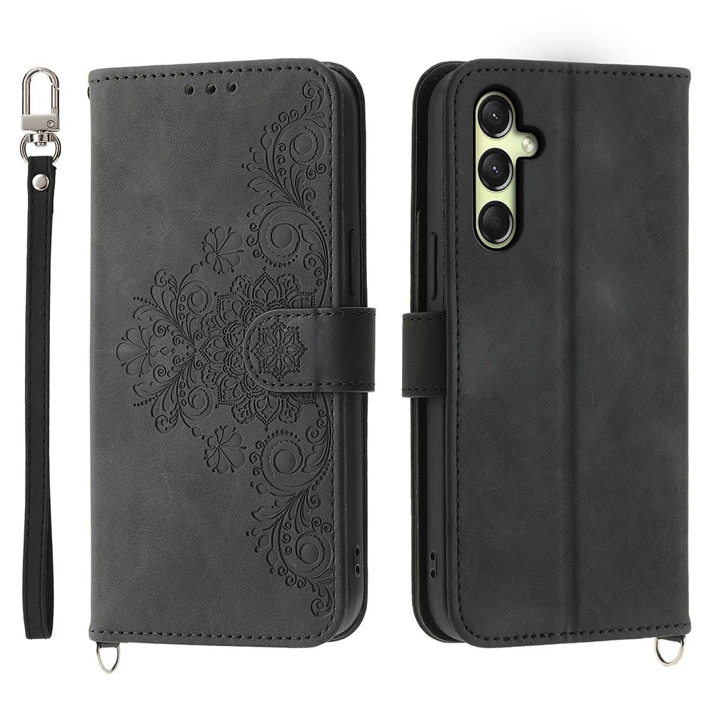 For Samsung Galaxy A36 5G Case Flower Pattern PU Leather Wallet Phone Cover with Strap - Black - 1
