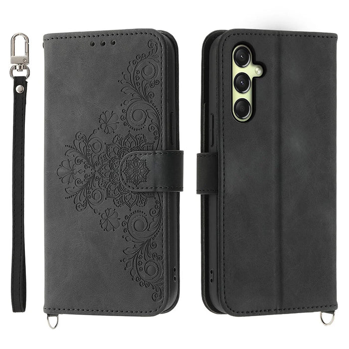 For Samsung Galaxy A36 5G Case Flower Pattern PU Leather Wallet Phone Cover with Strap - Black - 1