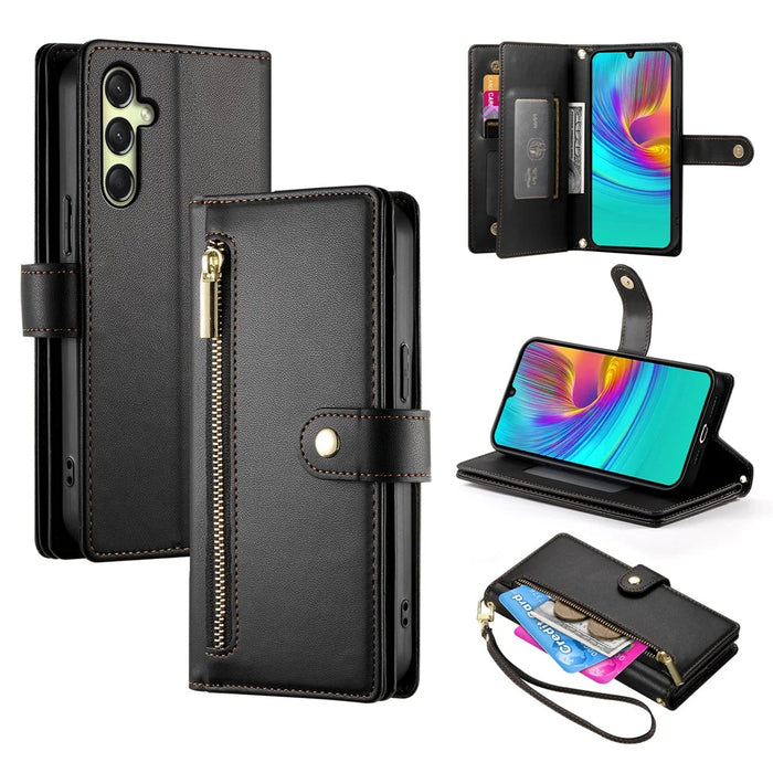 DF-011 For Samsung Galaxy A36 5G Case Zipper Pocket Wallet Leather Phone Cover with Straps - Black - 1
