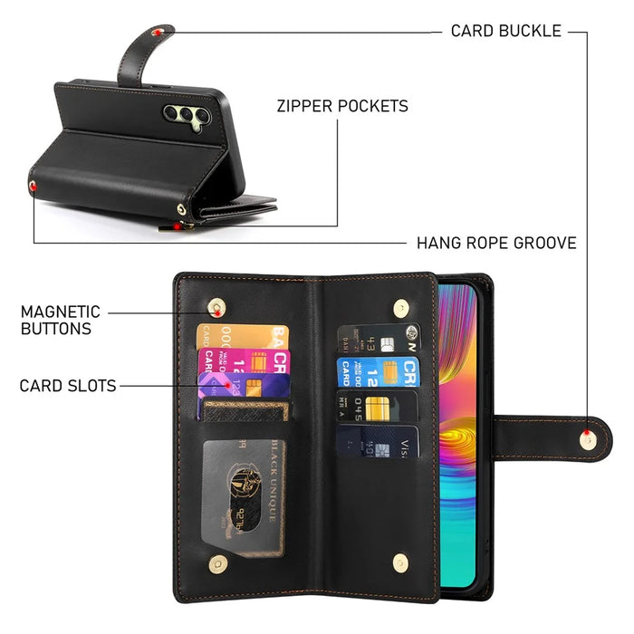DF-011 For Samsung Galaxy A36 5G Case Zipper Pocket Wallet Leather Phone Cover with Straps - Black - 6