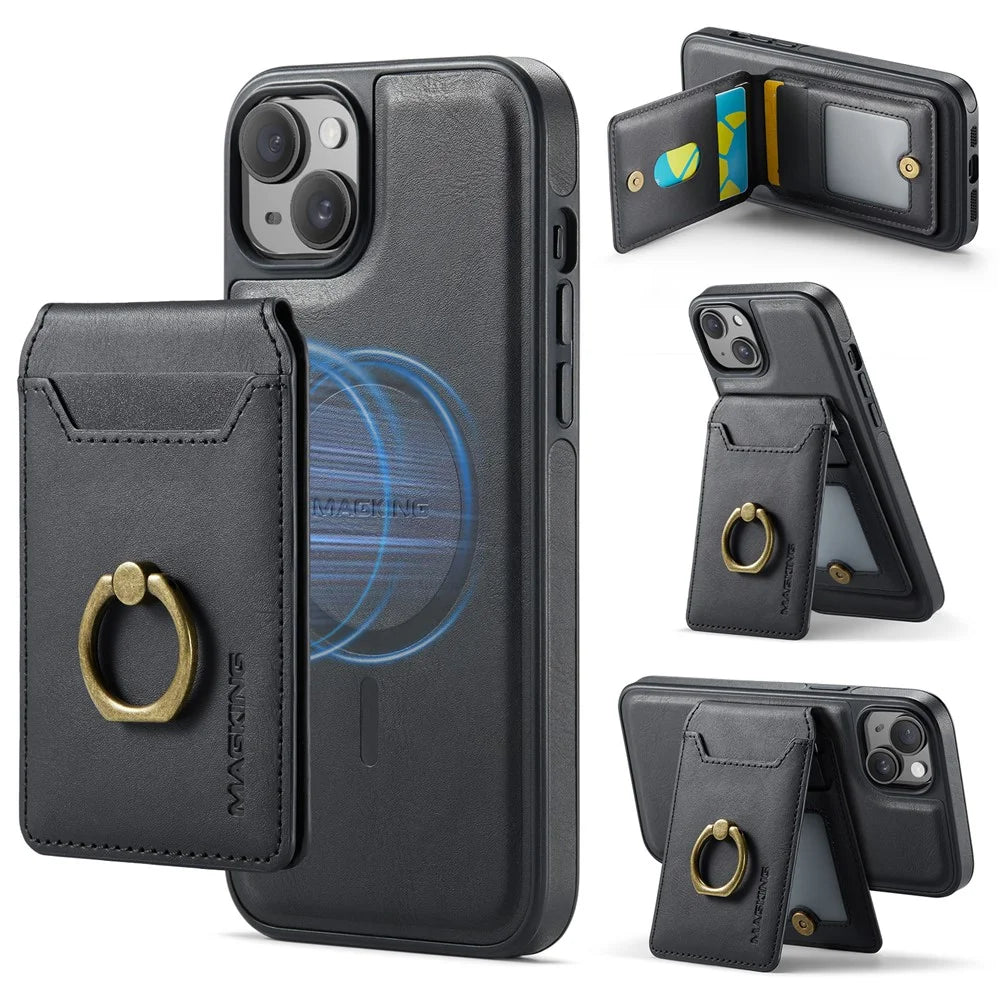 MAGKING K1 Series For iPhone 14 Magnetic Case PC+TPU+PU Phone Cover with Card Holder - Black - 1