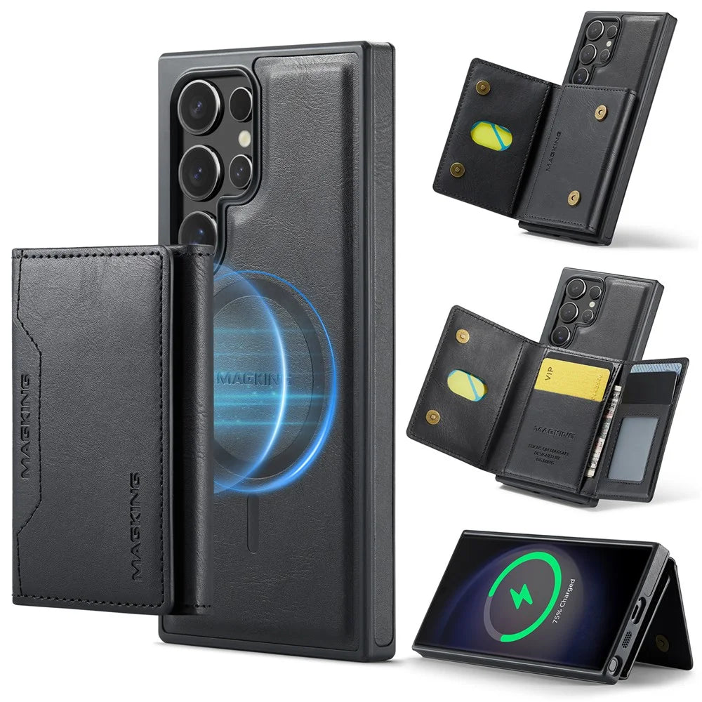 MAGKING K2 Series For Samsung Galaxy S23 Ultra Magnetic Case PC+TPU+PU Phone Cover - Black - 1