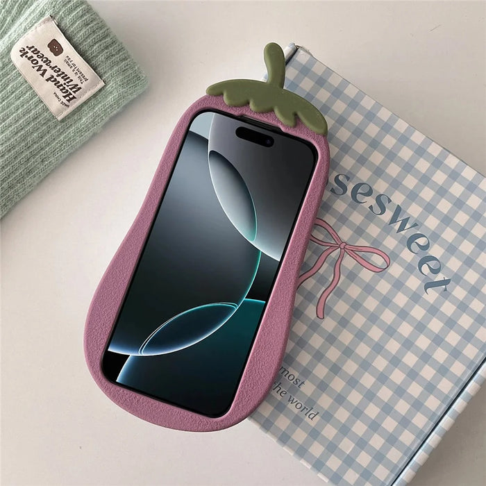 For iPhone 16 Pro Max Case Cartoon Smile Eggplant Soft Silicone Phone Cover - 4
