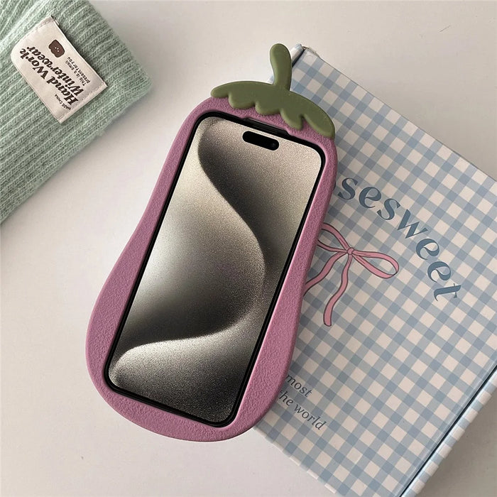For iPhone 15 Pro Max Case Cartoon Smile Eggplant Soft Silicone Phone Cover - 4