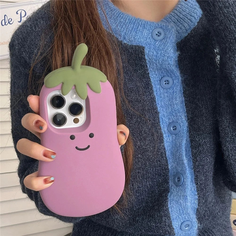For iPhone 14 Pro Case Cartoon Smile Eggplant Soft Silicone Phone Cover - 2
