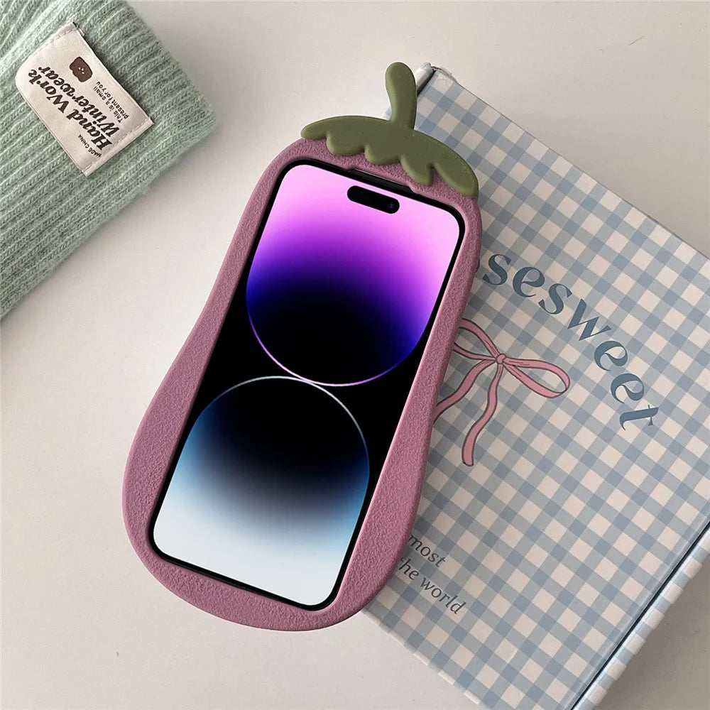 For iPhone 14 Pro Case Cartoon Smile Eggplant Soft Silicone Phone Cover - 4