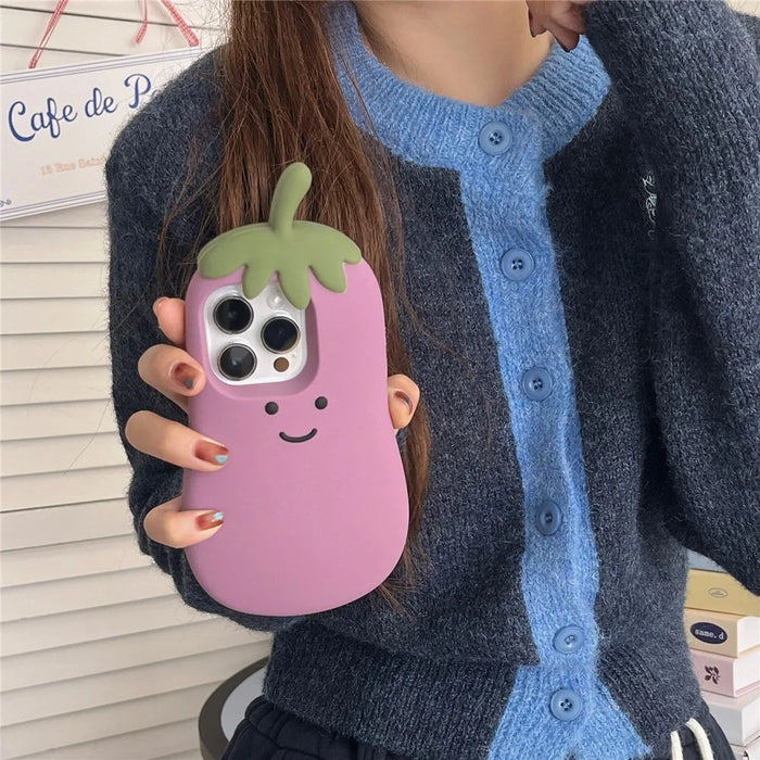 For iPhone 14 Pro Max Case Cartoon Smile Eggplant Soft Silicone Phone Cover - 2