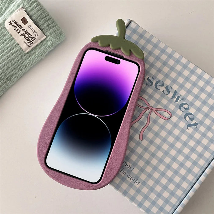 For iPhone 14 Pro Max Case Cartoon Smile Eggplant Soft Silicone Phone Cover - 4