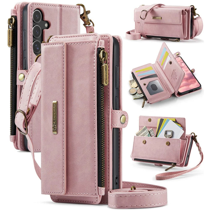 CASEME For Samsung Galaxy S24+ Case  C39 RFID Blocking Zipper Wallet Stand Leather Cover with Strap - Pink - 1