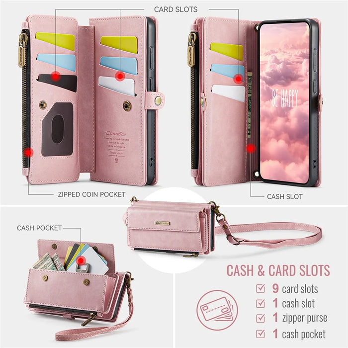 CASEME For Samsung Galaxy S24+ Case  C39 RFID Blocking Zipper Wallet Stand Leather Cover with Strap - Pink - 3