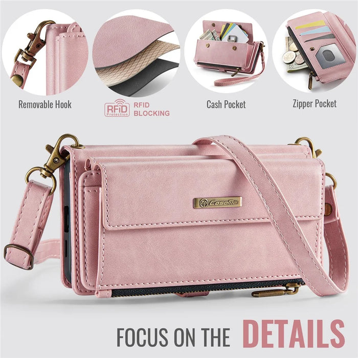 CASEME For Samsung Galaxy S24+ Case  C39 RFID Blocking Zipper Wallet Stand Leather Cover with Strap - Pink - 4