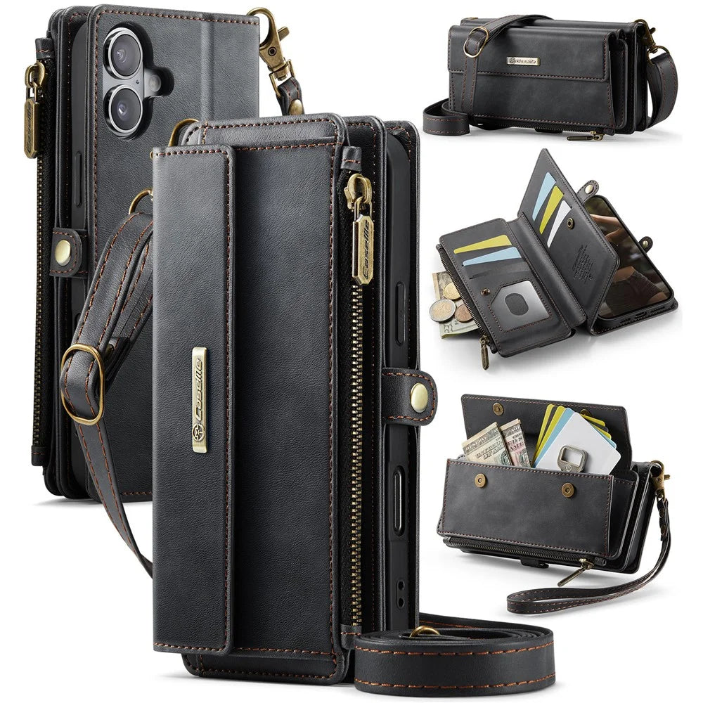 CASEME For iPhone 16 Plus  C39 RFID Blocking Zipper Wallet Stand Leather Cover with Strap - Black - 1