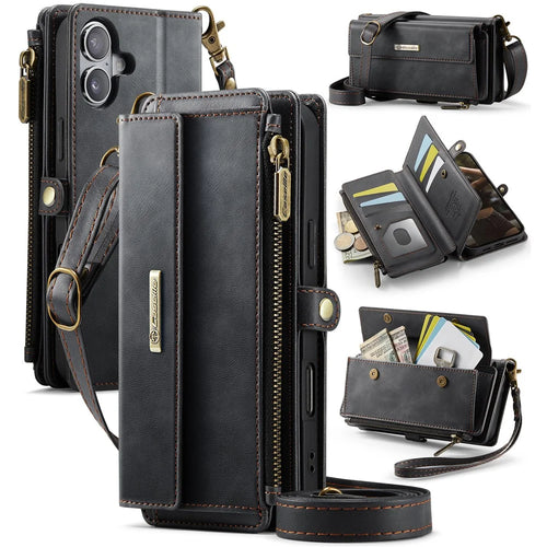 CASEME For iPhone 16 Plus  C39 RFID Blocking Zipper Wallet Stand Leather Cover with Strap - Black - 1