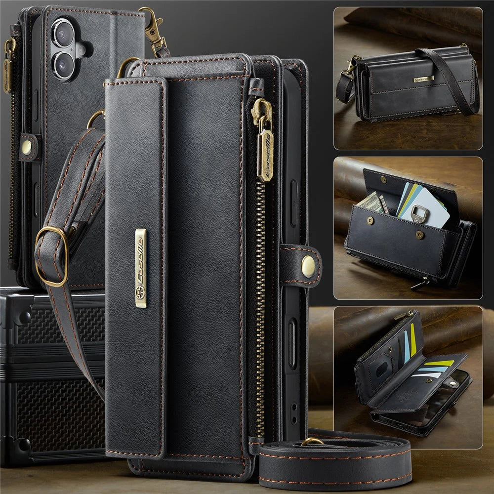CASEME For iPhone 16 Plus  C39 RFID Blocking Zipper Wallet Stand Leather Cover with Strap - Black - 5