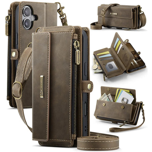 CASEME For iPhone 16  C39 RFID Blocking Zipper Wallet Stand Leather Cover with Strap - Brown - 1