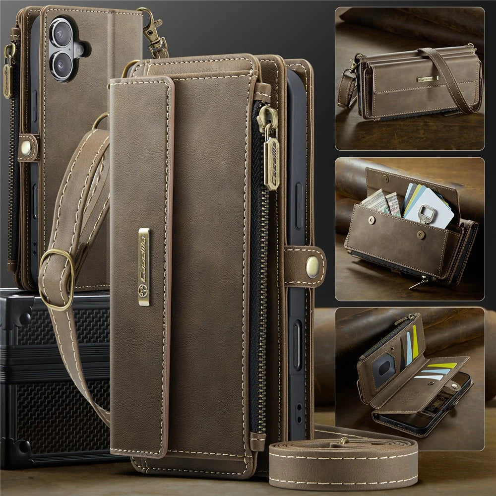 CASEME For iPhone 16  C39 RFID Blocking Zipper Wallet Stand Leather Cover with Strap - Brown - 5