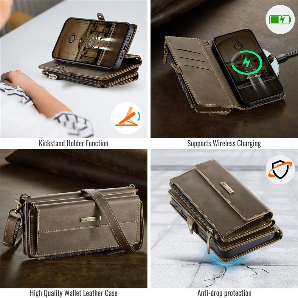 CASEME For iPhone 16  C39 RFID Blocking Zipper Wallet Stand Leather Cover with Strap - Brown - 6